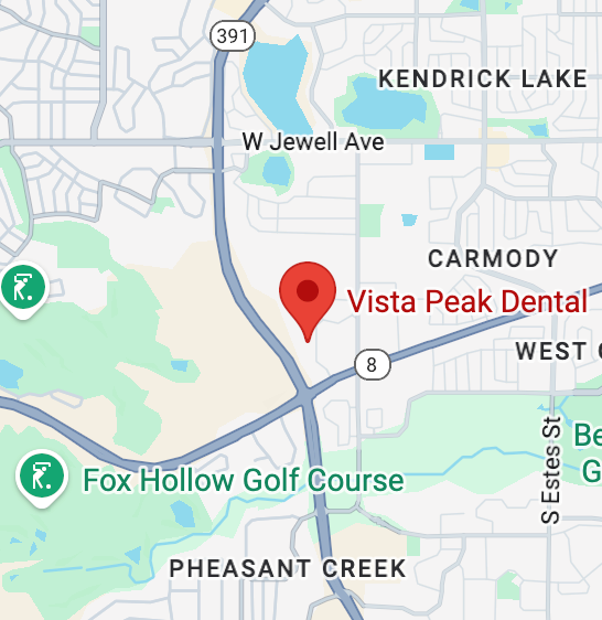 Map showing Vista Peak Dental pin near the intersection of Highway 8 and Highway 391, south of W Jewell Ave, near Fox Hollow Golf Course