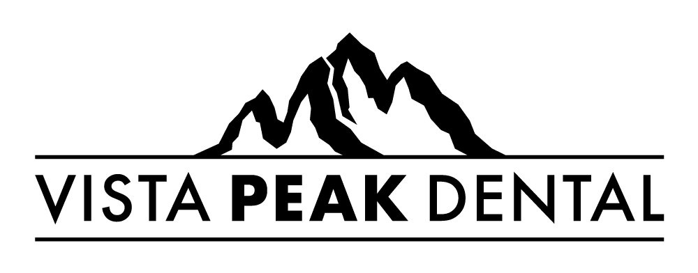 Vista Peak Dental logo: a black mountain silhouette above the name with horizontal lines beneath. (Branding for a dental clinic)